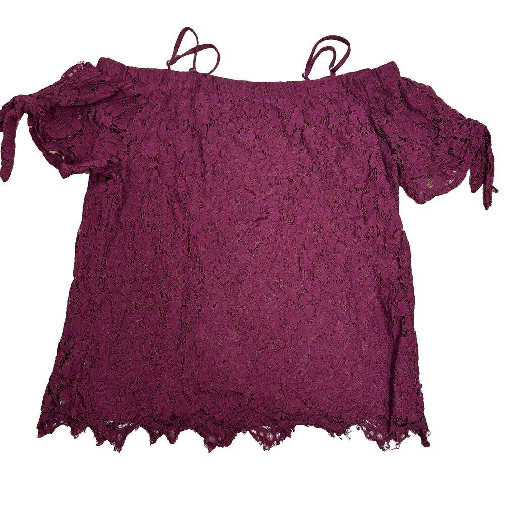 All Over Lace Peasant Top Womens XL Burgundy Off Shoulder Coquette Romantic Chic
